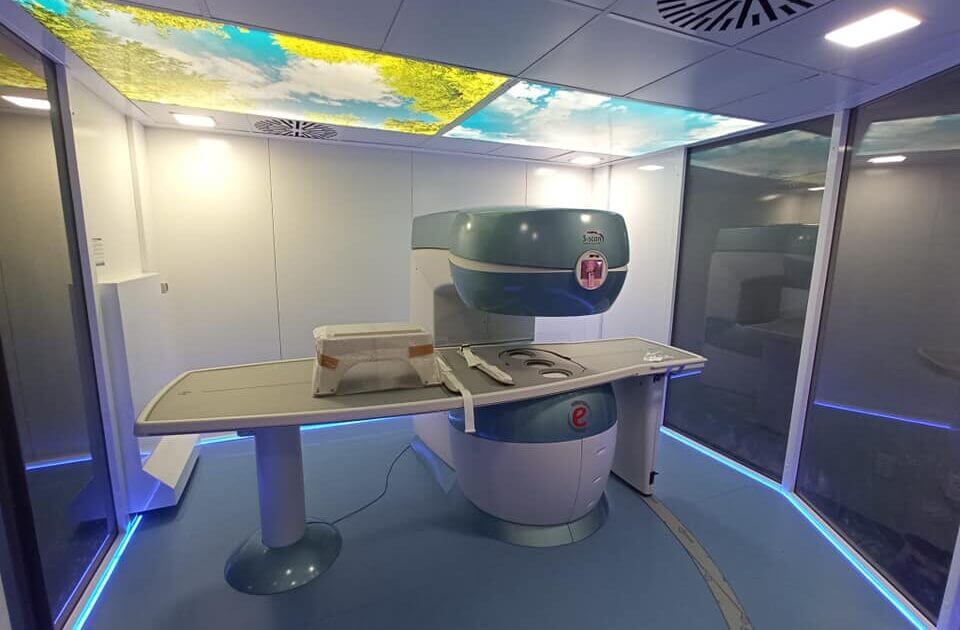MRI room construction project showing Faraday cage shielding installation in progress