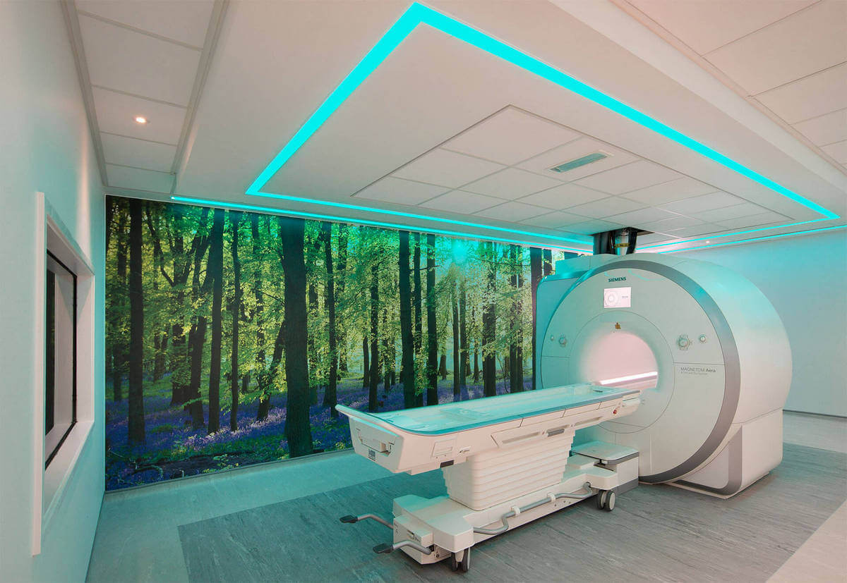 MRI Faraday cage interior showing grounding bus bar and bonding connections at panel joints